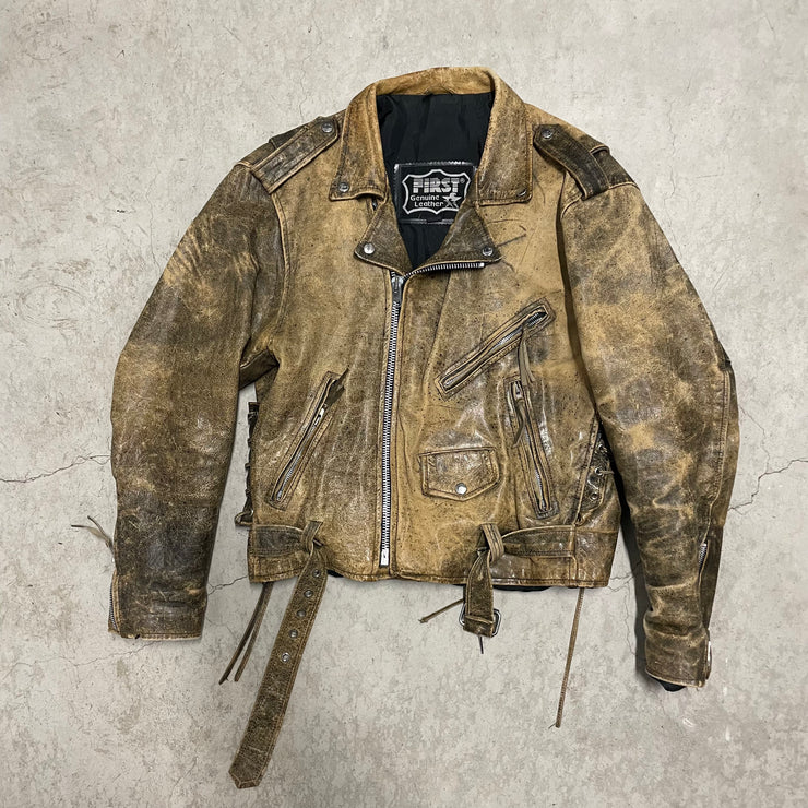 Vintage Distressed Leather Buckled Jacket
